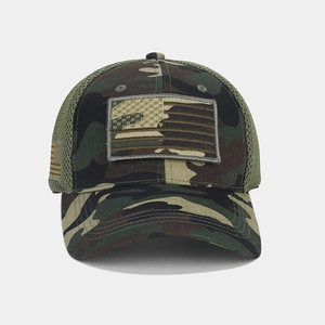 Detail of tactical camo baseball cap showing breathable mesh and US flag patch texture