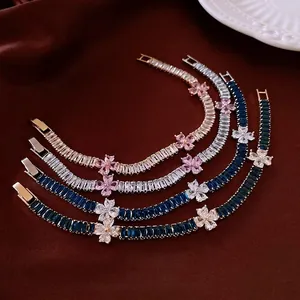 Baguette Cubic Zirconia Bracelet Heart Flower Charm Copper Gold Plated Elegant Fashion Jewelry For Women