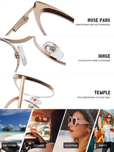 Détails de lunettes œil-de-chat en métal or rose avec plaquettes en silicone et charnières robustes