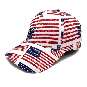 Detail of a six-panel baseball cap with stars and stripes print and curved brim