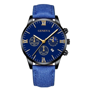 Macro detail of men's watch blue dial with gold Roman numerals and leather strap