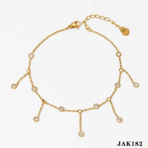 Golden stainless steel tassel anklet with round cubic zirconia charms and adjustable chain