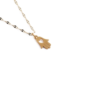 Golden Hamsa Hand pendant necklace with hollow heart and flat link chain on white background
