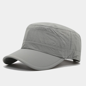 Detail of grey cadet cap featuring quick-dry ripstop fabric and white contrast stitching