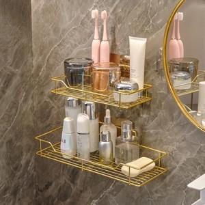 Gold Bathroom Storage Rack Wall Mounted Metal Shower Caddy Waterproof Rustproof Drill Free Organizer Modern Luxury