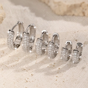 Three sizes of S925 sterling silver hoop earrings with triple row zircon stones