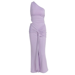 Detail of lavender one-shoulder dress showing side knot and ruched draped texture