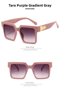 Detailed side and front view of square purple sunglasses with golden metal M logo