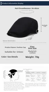 Size chart for breathable cotton flat cap with 56-60cm circumference and measurements