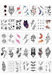 Detailed catalog of 35 waterproof temporary tattoo stickers with floral and animal motifs