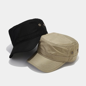 Breathable quick-dry military flat top caps in black and khaki with metal eyelets