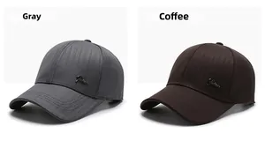 Detail of gray and coffee baseball hats with vertical stripe texture and metal logo
