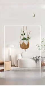 Detail of hand-woven hemp rope plant hanger with a ceramic pot in a cozy living room scene