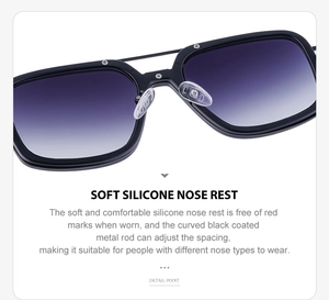 Detail shot of adjustable soft silicone nose pads on black metal frame sunglasses