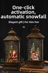 Detail of vintage Christmas lanterns with Santa and snowman scenes and glowing LED lights