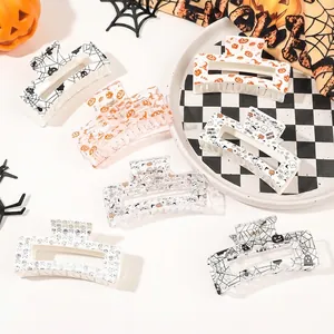 Halloween Hair Claw Clips Acrylic Square Strong Grip Printed Skull Ghost Pumpkin Spider Web Spooky Festive Hair Accessories