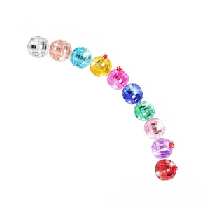 Detailed view of cocktail stirrers with colorful 3cm mirror disco ball toppers in 10 shades