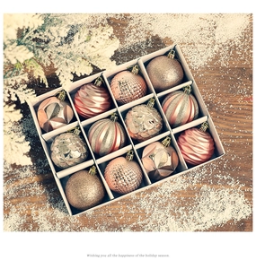 Detail of 12-piece pink and rose gold Christmas ornaments with various textures in a box