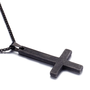 Men's matte black cross pendant necklace with square box chain in hip hop style