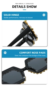 Macro detail of sturdy hinges and comfortable nose pads on black square sunglasses