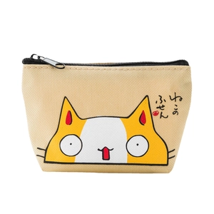 Cute canvas coin purse with cartoon orange cat print and top zipper closure