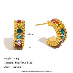 18K gold plated stainless steel C-shaped stud earrings with colorful cubic zirconia