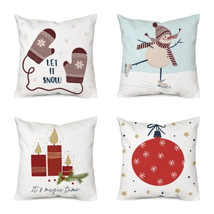 Detailed grid view of four Christmas pillow covers with snowman and holiday prints