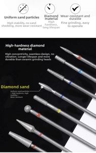 Close-up of diamond nail drill bits showing various shapes with colored marker rings