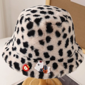 Chic leopard print plush bucket hat with a cute bear patch and red apple button detail
