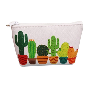Mini PU purse with cartoon cactus prints and white zipper for keys and coins