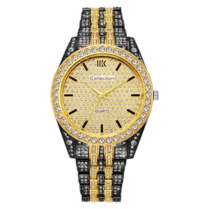 Luxury men's quartz watch with large diamond-encrusted dial and gold-tone metal band