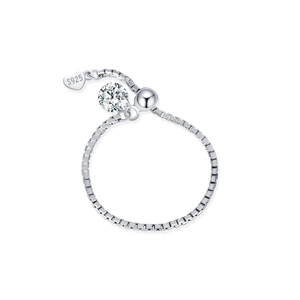 Adjustable S925 sterling silver chain ring featuring a large moissanite diamond stone