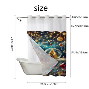 Size chart showing 180x188cm dimensions for the Christmas shower curtain with holiday patterns