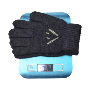 Winter thermal black knit gloves with green smiley face embroidery showing 42g weight