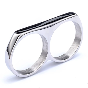 Minimalist silver stainless steel double finger ring with a sleek polished finish