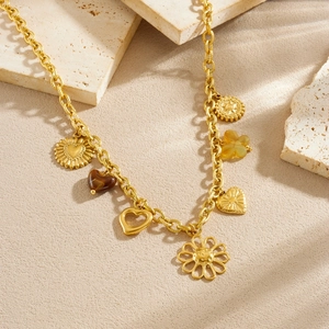 Vintage gold plated stainless steel necklace with heart and sunflower charms