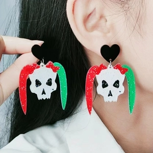 Halloween acrylic skull earrings with bloody knives and black glitter heart studs