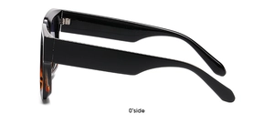Side view of square sunglasses with glossy black temples and tortoiseshell accents