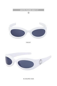 Front and 45 degree side view of white Y2K sports sunglasses with grey lenses and metal logo
