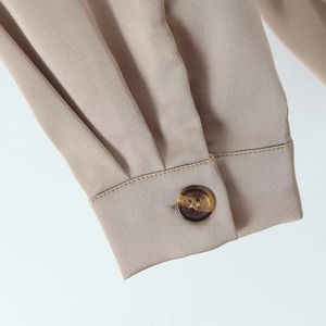 Women's satin lapel shirt in beige coffee with button cuff detail and chiffon texture