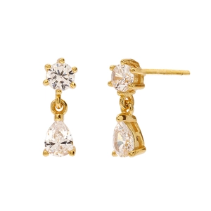 Elegantes pendientes largos dorados con circonitas redondas y en forma de gota