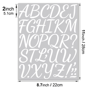 Close-up of 2-inch white cursive vinyl letter stickers showing exact size measurements