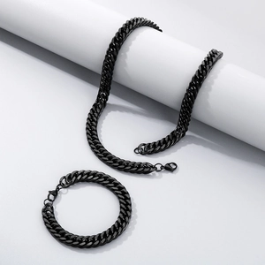 Detailed view of black titanium steel Cuban link chain necklace and bracelet set