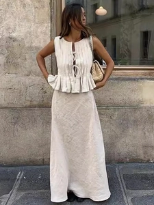 Women's pleated cream white two-piece skirt set with sleeveless drawstring top