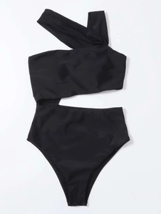 Detail of black one-shoulder cut-out swimsuit with crossover straps and high-leg cut