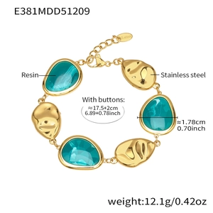 Detail showing 18k gold plated stainless steel bracelet with green resin insets and size data