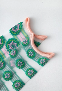 Detailed macro view of green and pink floral texture on semi-transparent mesh socks