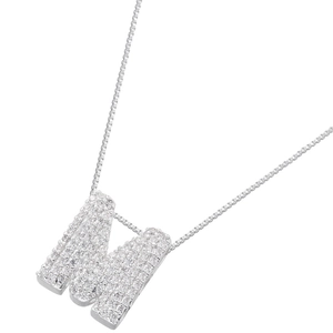 Detailed view of capital M pendant necklace with micro-paved cubic zirconia stones
