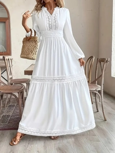 Damen Maxi Kleid Mit Spitzen Patchwork Lange Laternenärmel V-Ausschnitt Hohl Saum Böhmisch Hohe Taille Elegante Urlaub