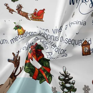 Macro detail of Christmas tapestry fabric showing festive deer and Santa motifs
